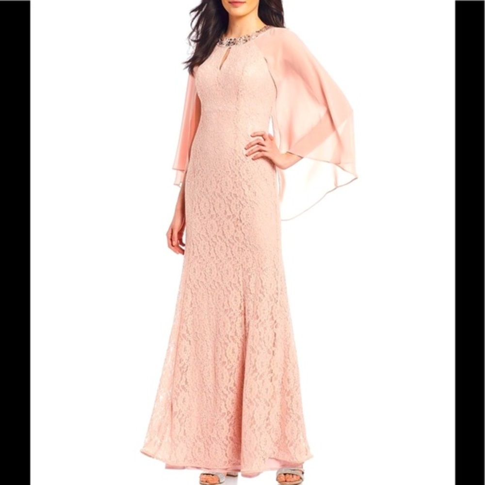 Formal Dress Plus Size 14 Blush Pink SLNY Sequins Rhinestone Lace Cape Gown NEW